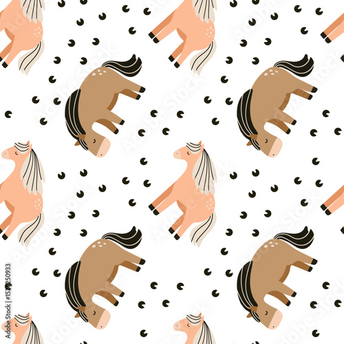 Seamless pattern of stylized cartoon horses in various poses and earthy tones on a muted gray background. Flat vector illustration, playful and minimalistic style, ideal for children's textiles	
