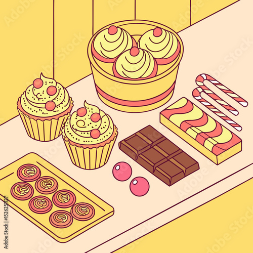 Isometric view of assorted sweets: cupcakes, candies, chocolate, and pastries