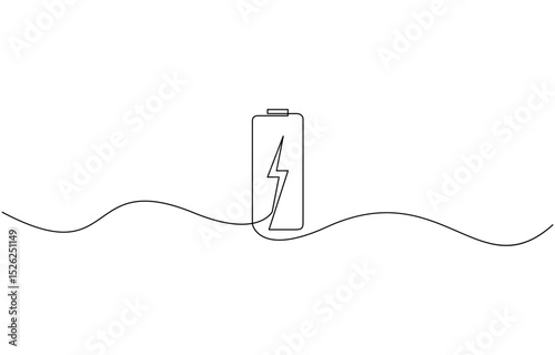 One continuous line drawing of battery charging. Lightning bolt symbol and electricity energy type sign in simple linear style, Battery icon continuous one line drawing, Continuous one line drawing of