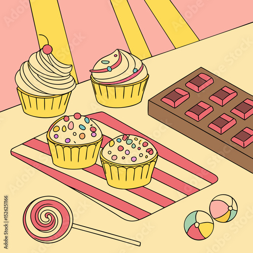 Colorful Cupcakes, Chocolate, and Sweets on Striped Placemat