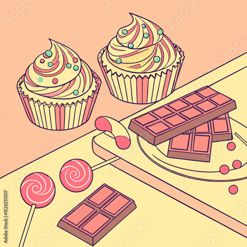 Stylized Sweet Treats: Cupcakes, Chocolate Bars, and Lollipops on a Tray