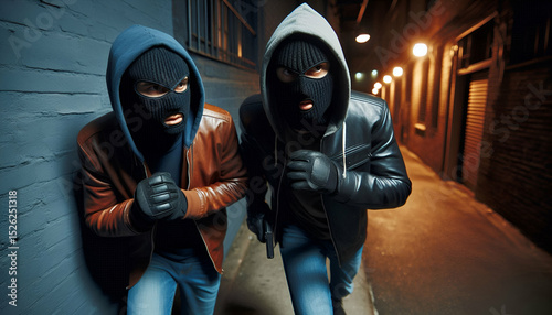 Two masked individuals sneaking through an alley at night, acting as accomplices in a covert mission. photo