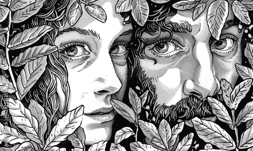 Adam and Eve Black and White Illustration with Leaves and Halftone Detail