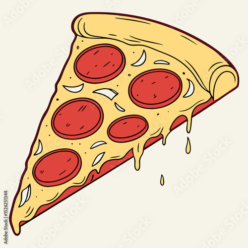 Cartoon Pizza Slice with Dripping Cheese and Pepperoni Toppings