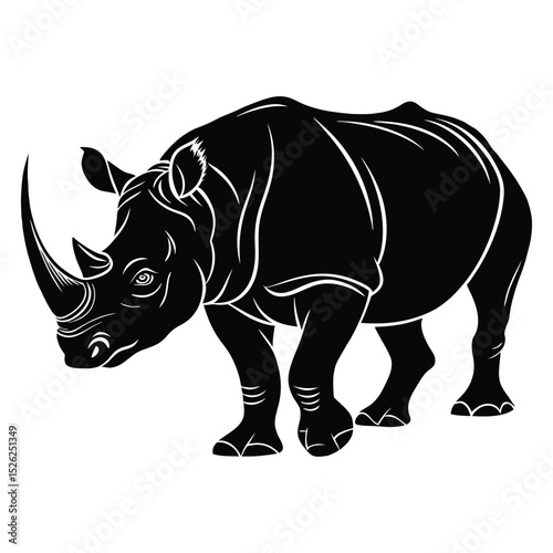 Isolated white rhinoceros with large horn on a clean white background