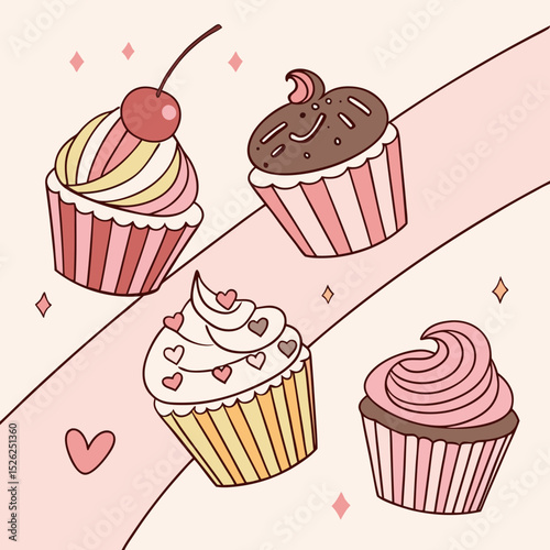 Delightful Quartet of Pink and Yellow Cupcakes with Cherry and Heart Decorations