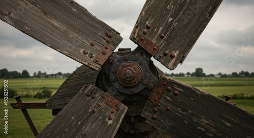 Weathered windmill blades in rural landscape