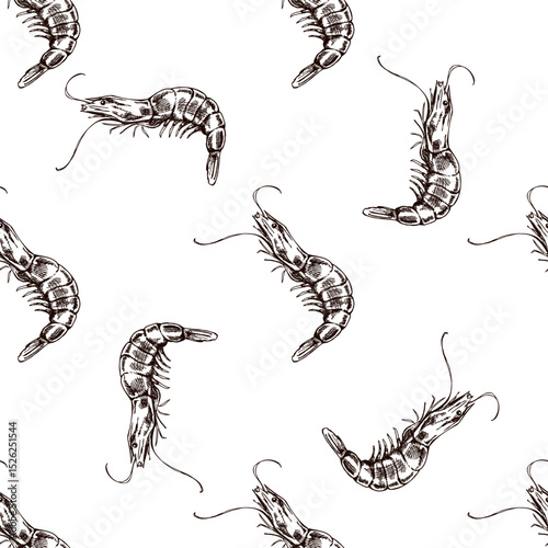 Hand drawn vintage seamless pattern of shrimp in brown ink engraving style, detailed seafood marine sketch illustration