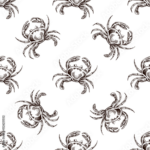 Hand drawn vintage seamless pattern of crab in brown ink engraving style, detailed seafood marine sketch illustration