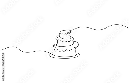 Minimalist continuous line drawing of a birthday cake with one lit candle and dripping frosting in black and white, 