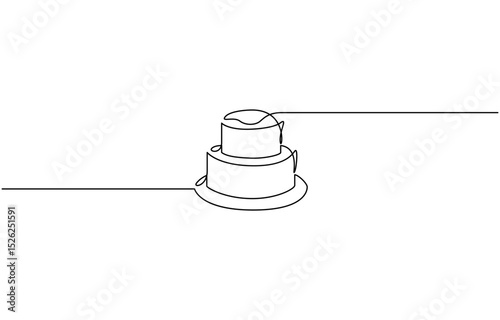 Minimalist continuous line drawing of a birthday cake with one lit candle and dripping frosting in black and white, 