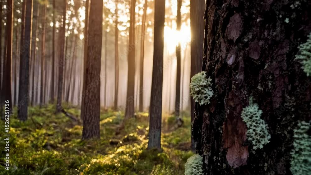 Sunlight streams through a blurry coniferous forest as a textured tree trunk with lichen stands out in selective focus.