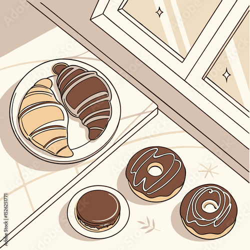 Delicious Pastry Assortment: Croissants and Donuts on a Plate