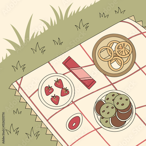 Illustrated picnic blanket with strawberries, cookies, pretzels, and a snack bar