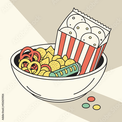 Retro Style Bowl of Snacks: Popcorn, Chips, and Pretzels