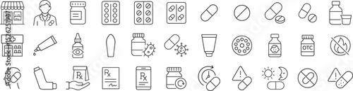 Pharmacy and medicine line icons representing pills, prescriptions, bottles and drug safety vector illustration set. Includes pharmacist, capsules and tablets in thin outline style.