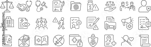Medical law and ethics line icons illustrating healthcare compliance, patient privacy, legal documents, scales of justice and insurance policies vector outline illustration set.