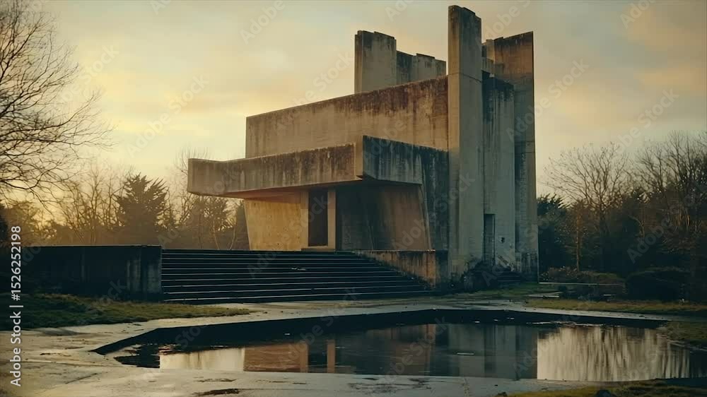 Weathered concrete structure, geometric design, reflecting pool, sunset