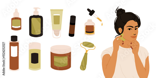 South Asian non binary person using gua sha tool, inclusive vector skincare self care routine illustration for beauty, diversity, and wellness