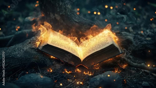 Burning ancient book engulfed in flames at tree base