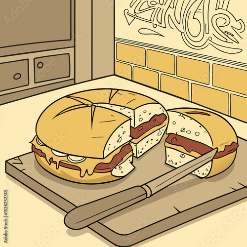 Cartoonish sliced bagel sandwich with melted cheese on a wooden cutting board