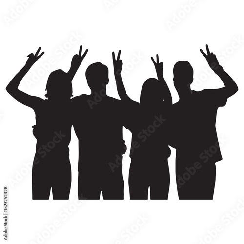 Silhouette of four people posing with peace sign gestures