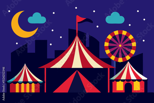 Nighttime Carnival Ferris Wheel, Big Top Tents, and City Skyline