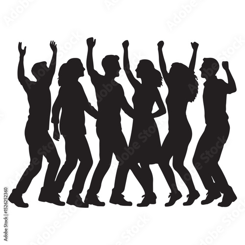 Silhouette of people dancing with raised arms in celebration
