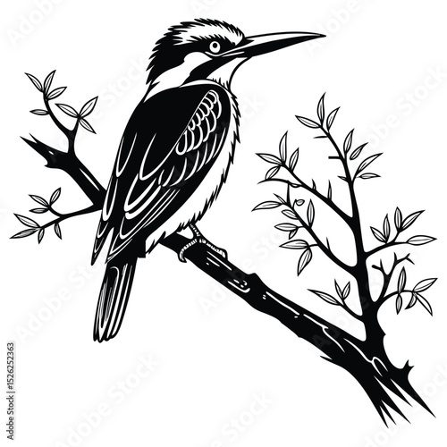 Vector illustration of a blue kingfisher bird with detailed feathers on a branch