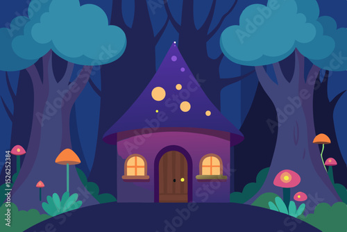 Enchanted Forest Cottage A Magical Nighttime Scene