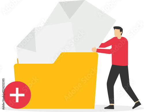 Businessman adds file to big folder. Storage and indexing of information. Businessman holds paper document. User and data archive. stock illustration

