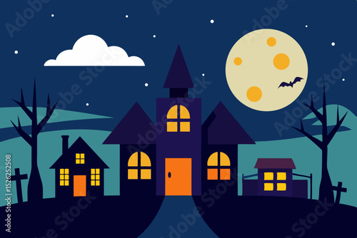 Spooky Halloween Night Haunted House Village Illustration