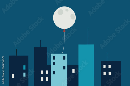 Moonlit Cityscape A Dreamy Balloon Moon Ascends Above the Urban Skyline