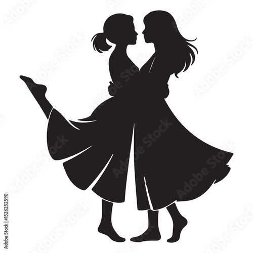 Two women in silhouette embracing and one leg is raised up