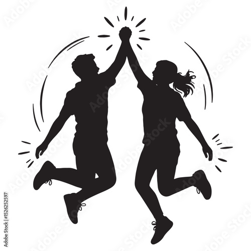 Silhouette of two people jumping and giving a high five