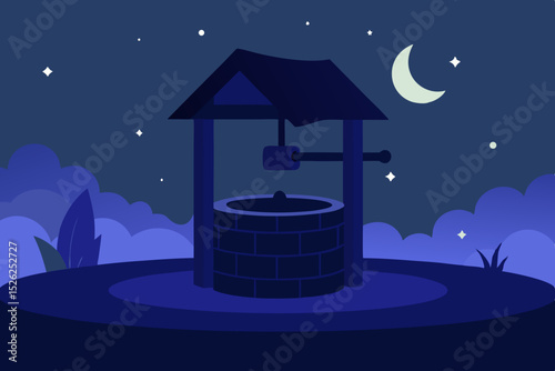 Serene Nighttime Well A Peaceful Landscape Illustration