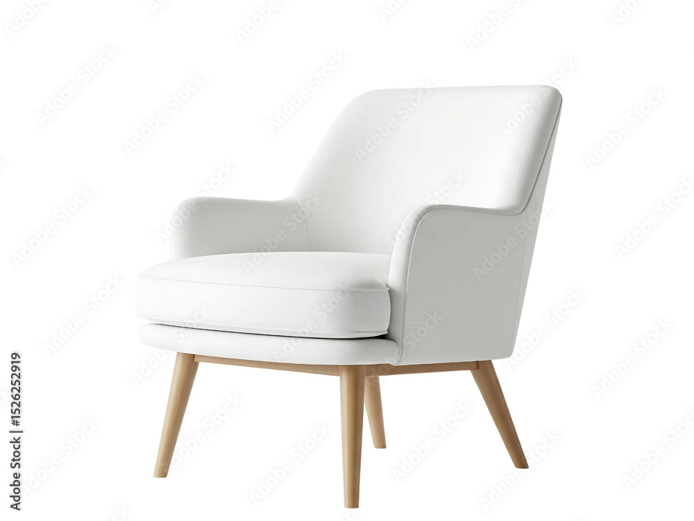 Modern White Upholstered Armchair with Wooden Legs Isolated on Transparent Background, Minimalist and Elegant Seating for Home and Office. Modern White Upholstered Armchair with Wooden Legs Isolated on Transparent Background, Minimalist and Elegant Seating for Home and Office.