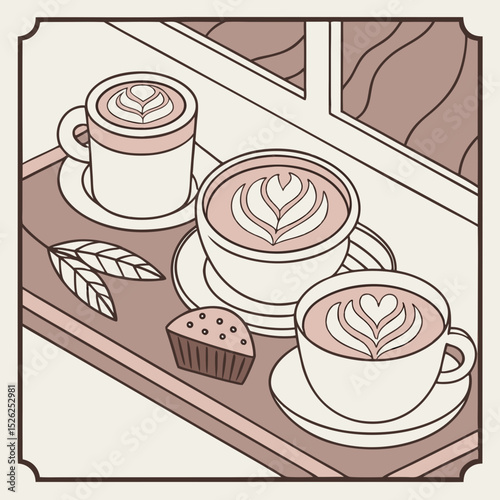 Cozy Windowsill Tray with Latte Art and a Cupcake
