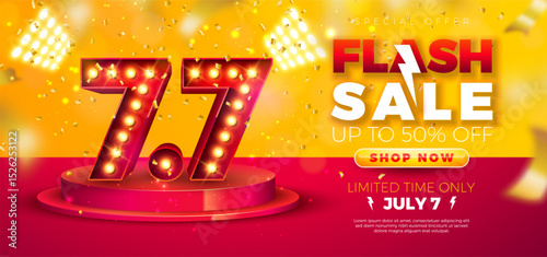 7 July Shopping Day Flash Sale Design with 3d 7.7 Number, Light Bulb Billboard and Stage Podium on Red Background. Vector Summer Special Offer 50 Percent Off Campaign Discount Illustration for Coupon