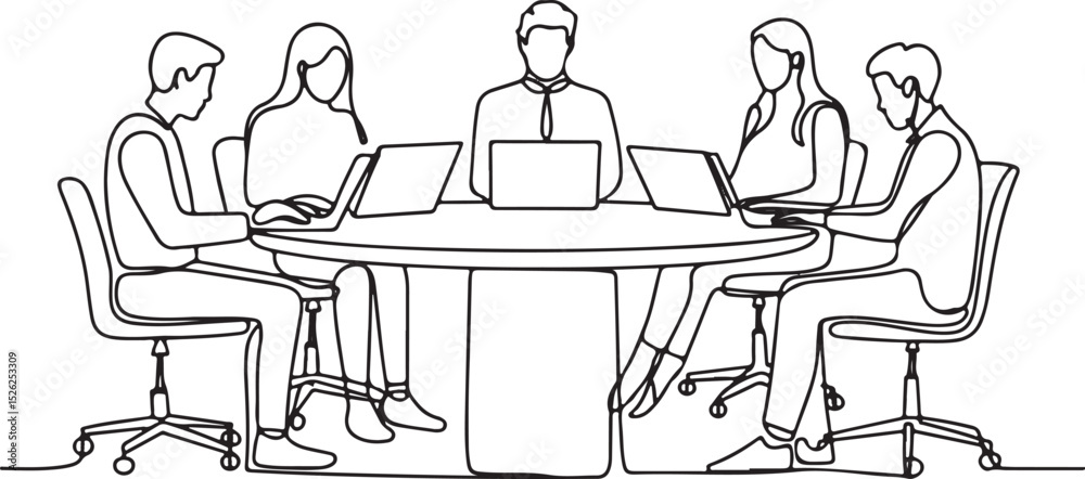 Fototapeta premium Continuous single line drawing of five people working on laptops at a shared desk in a modern minimalist office workspace