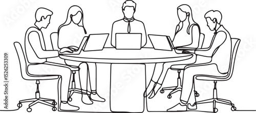 Continuous single line drawing of five people working on laptops at a shared desk in a modern minimalist office workspace

