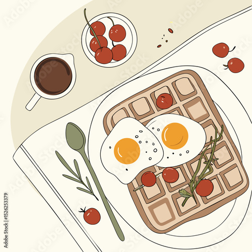 Waffles with Fried Eggs, Cherry Tomatoes, and Coffee