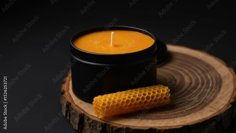 Close up of a black candle tin with a white wick and an orange wax sitting on a wooden slice decor