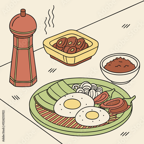 Isometric Illustration of a Delicious Asian Breakfast Plate with Fried Eggs, Vegetables, and Condiments