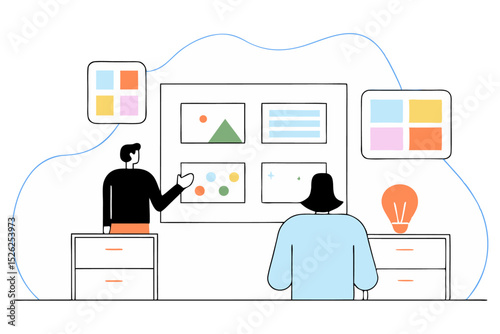 Vector art of two colleagues collaborate on a vibrant design project, brainstorming ideas around a shared digital mood board isolated on white background