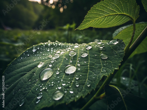 Rain-Soaked Green Leaf with Water Droplets (Macro)