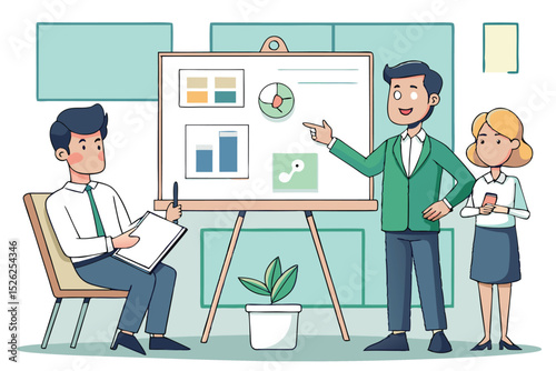 Vector art of a confident businessman presents key financial data to attentive colleagues during a lively meeting, illustrated in a vector graphic