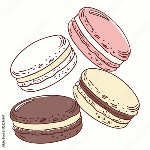 Colorful, Hand-Drawn Macarons with Various Flavors and Detailed Outlines