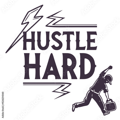 Hustle Hard Graphic with Baseball Player and Lightning Bolts Illustration