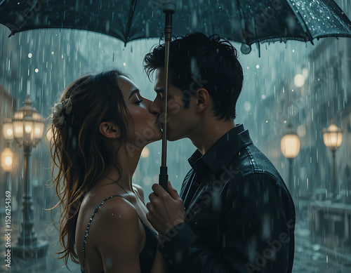 Romantic Couple Kissing Under the Rain with Hidden Faces